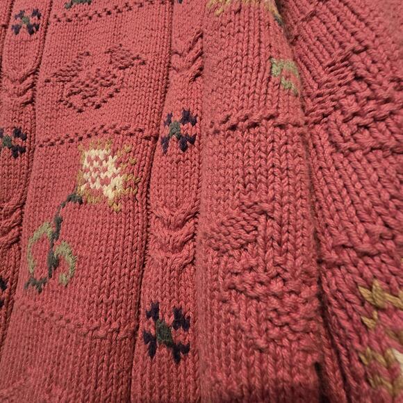 Vtg Lands End Floral Embroidered Sweater Women MED Pink Chunky Knit Cottage Boho - Picture 8 of 8